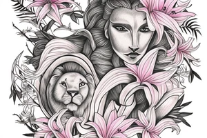 feminine lioness with girl and boy cubs having pink stargazers lilies wrapped around them, add 5/04/1993 date and spinal cord awareness ribbon tattoo idea