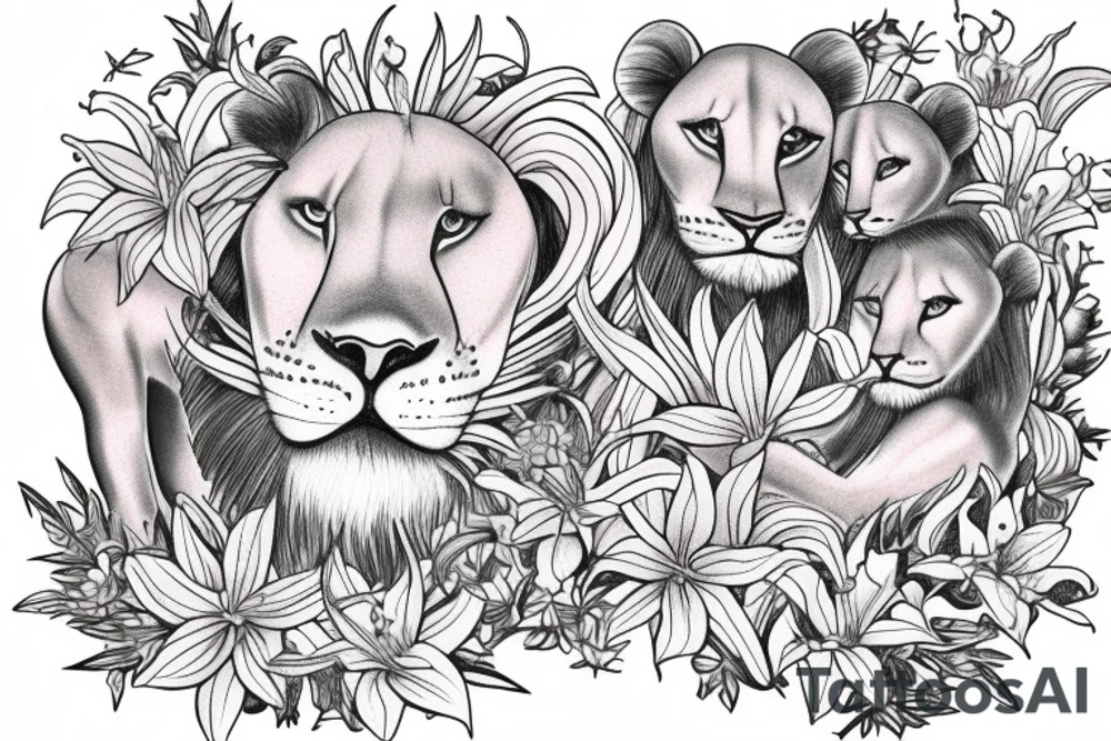 feminine lioness with girl and boy cubs having pink stargazers lilies wrapped around them, add 5/04/1993 date and spinal cord awareness ribbon tattoo idea