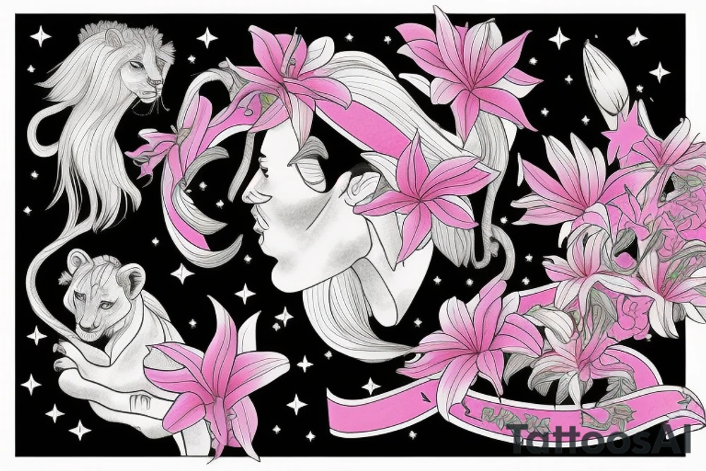 feminine lioness with girl and boy cubs having pink stargazers lilies wrapped around them, add 5/04/1993 date and spinal cord awareness ribbon tattoo idea