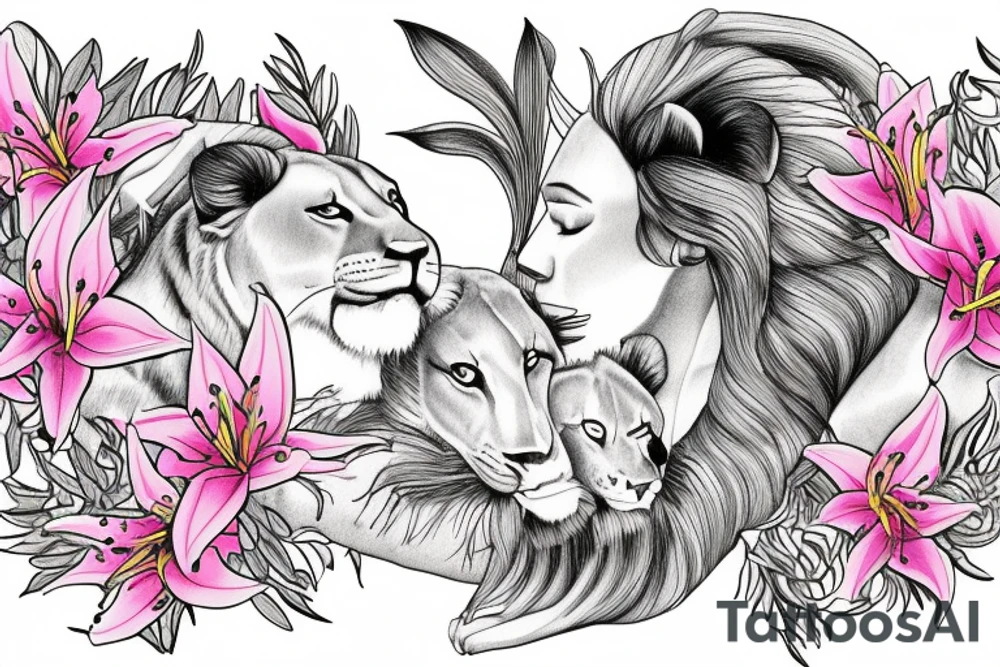 feminine lioness with girl and boy cubs having pink stargazers lilies wrapped around them, add 5/04/1993 date and spinal cord awareness ribbon tattoo idea
