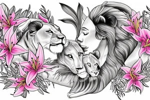 feminine lioness with girl and boy cubs having pink stargazers lilies wrapped around them, add 5/04/1993 date and spinal cord awareness ribbon tattoo idea