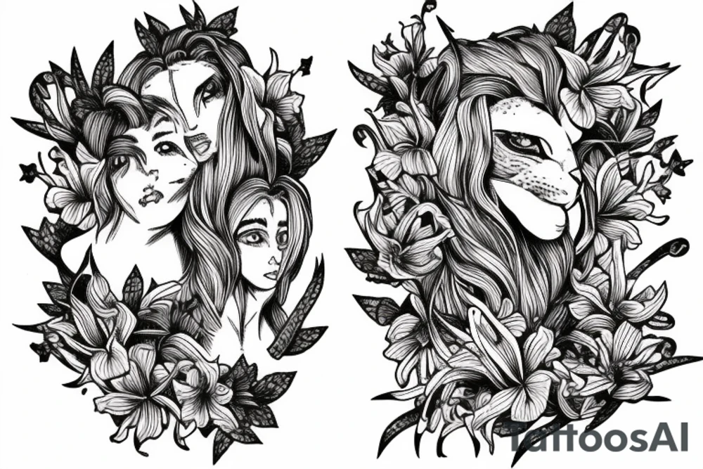 feminine lioness with girl and boy cubs having pink stargazers lilies wrapped around them, add 5/04/1993 date and spinal cord awareness ribbon tattoo idea