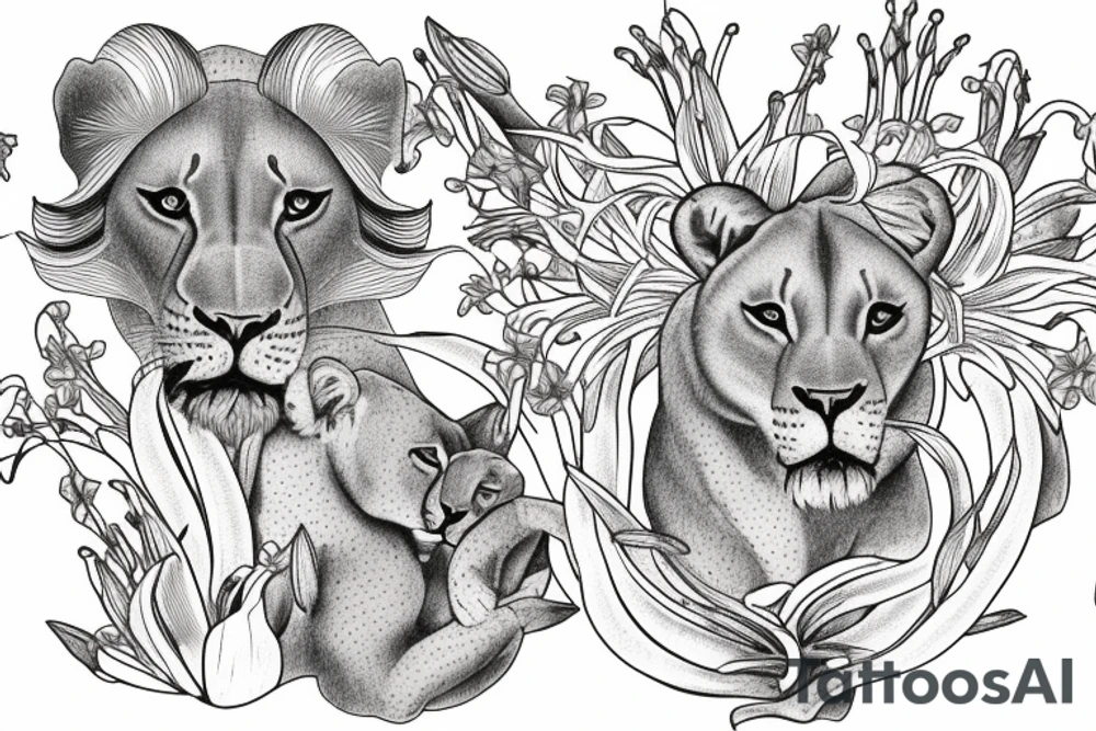 feminine lioness with girl and boy cubs having pink stargazers lilies wrapped around them, add 5/04/1993 date and spinal cord awareness ribbon tattoo idea