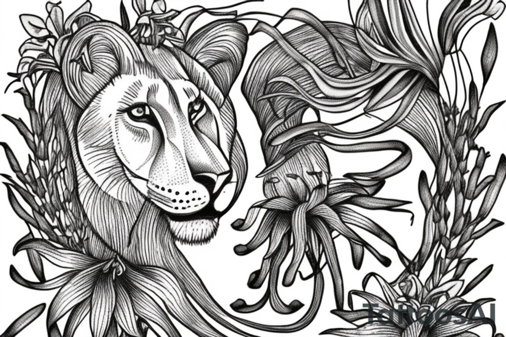 feminine lioness with girl and boy cubs having pink stargazers lilies wrapped around them, add 5/04/1993 date and spinal cord awareness ribbon tattoo idea