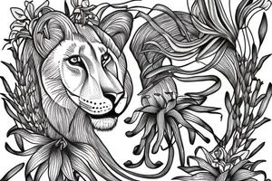 feminine lioness with girl and boy cubs having pink stargazers lilies wrapped around them, add 5/04/1993 date and spinal cord awareness ribbon tattoo idea