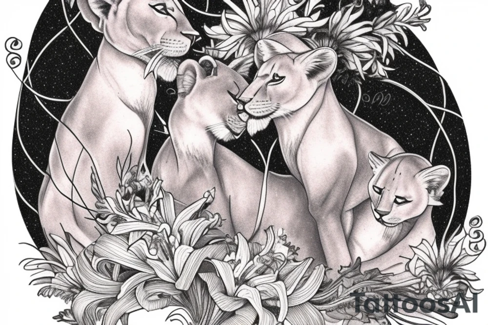 feminine lioness with girl and boy cubs having pink stargazers lilies wrapped around them, add 5/04/1993 date and spinal cord awareness ribbon tattoo idea