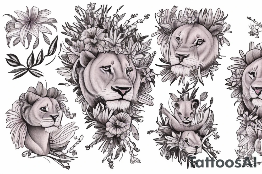 feminine lioness with girl and boy cubs having pink stargazers lilies wrapped around them, add 5/04/1993 date and spinal cord awareness ribbon tattoo idea