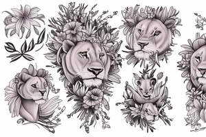 feminine lioness with girl and boy cubs having pink stargazers lilies wrapped around them, add 5/04/1993 date and spinal cord awareness ribbon tattoo idea