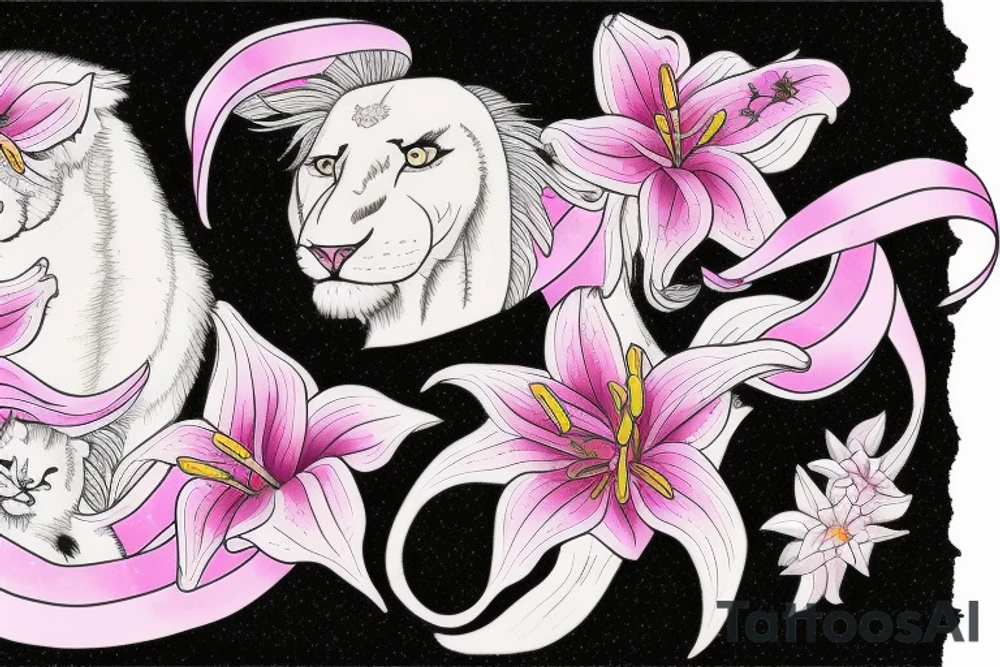 feminine lioness with girl and boy cubs having pink stargazers lilies wrapped around them, add 5/04/1993 date and spinal cord awareness ribbon tattoo idea