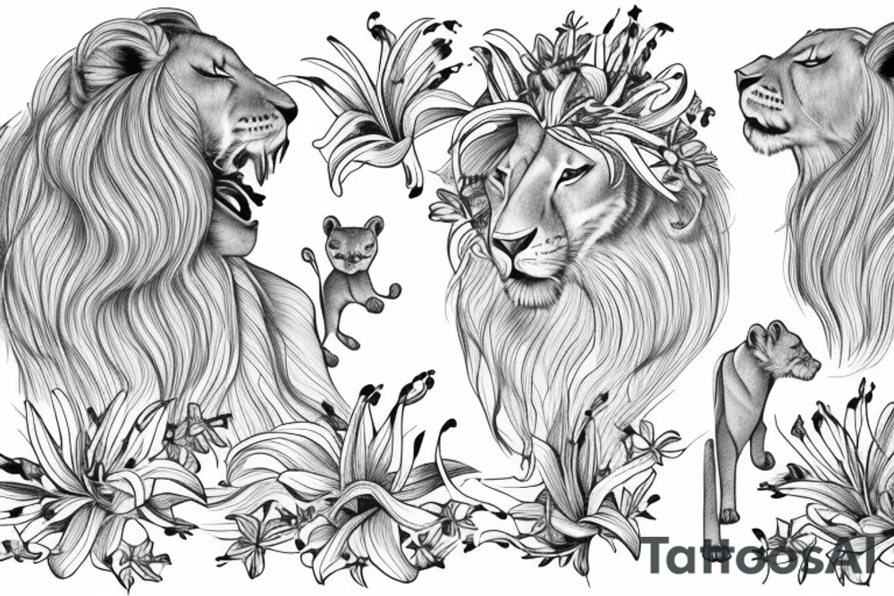 feminine lioness with girl and boy cubs having pink stargazers lilies wrapped around them, add 5/04/1993 date and spinal cord awareness ribbon tattoo idea