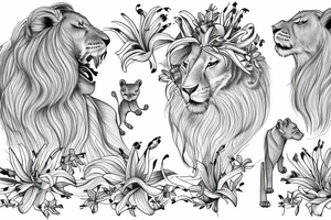 feminine lioness with girl and boy cubs having pink stargazers lilies wrapped around them, add 5/04/1993 date and spinal cord awareness ribbon tattoo idea