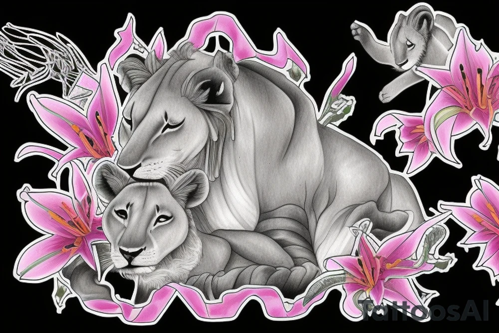 feminine lioness with girl and boy cubs having pink stargazers lilies wrapped around them, add 5/04/1993 date and spinal cord awareness ribbon tattoo idea
