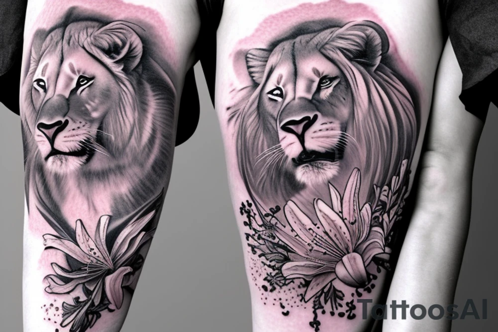 feminine lioness with girl and boy cubs having pink stargazers lilies wrapped around them, add 5/04/1993 date and spinal cord awareness ribbon tattoo idea