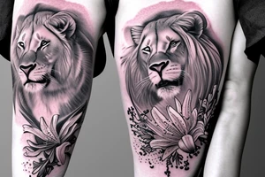 feminine lioness with girl and boy cubs having pink stargazers lilies wrapped around them, add 5/04/1993 date and spinal cord awareness ribbon tattoo idea