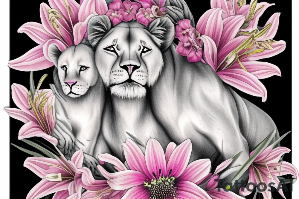 feminine lioness with girl and boy cubs having pink stargazers lilies wrapped around them, add 5/04/1993 date and spinal cord awareness ribbon tattoo idea