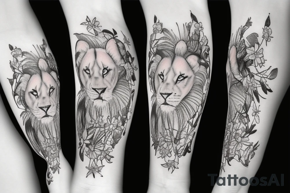 feminine lioness with girl and boy cubs having pink stargazers lilies wrapped around them, add 5/04/1993 date and spinal cord awareness ribbon tattoo idea