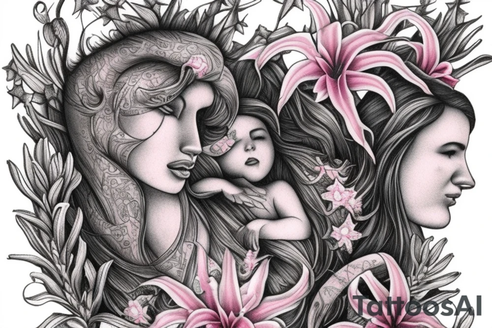 feminine lioness with girl and boy cubs having pink stargazers lilies wrapped around them, add 5/04/1993 date and spinal cord awareness ribbon tattoo idea