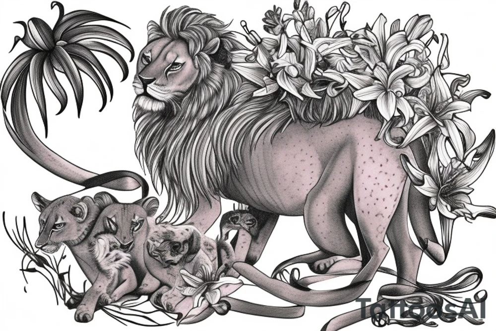 feminine lioness with girl and boy cubs having pink stargazers lilies wrapped around them, add 5/04/1993 date and spinal cord awareness ribbon tattoo idea