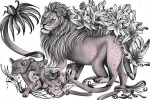 feminine lioness with girl and boy cubs having pink stargazers lilies wrapped around them, add 5/04/1993 date and spinal cord awareness ribbon tattoo idea