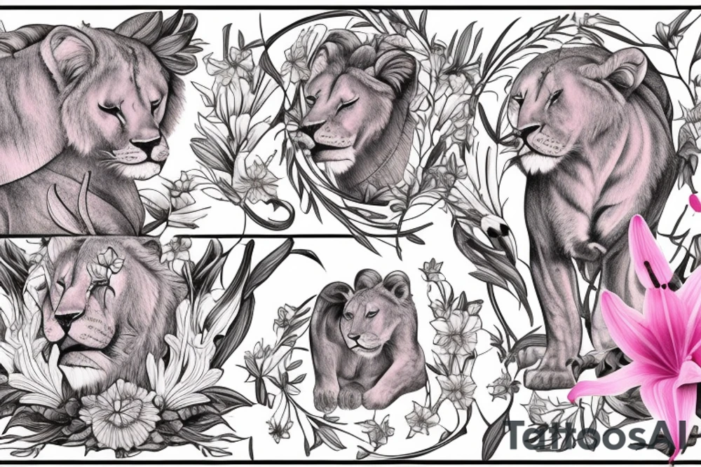 feminine lioness with girl and boy cubs having pink stargazers lilies wrapped around them, add 5/04/1993 date and spinal cord awareness ribbon tattoo idea