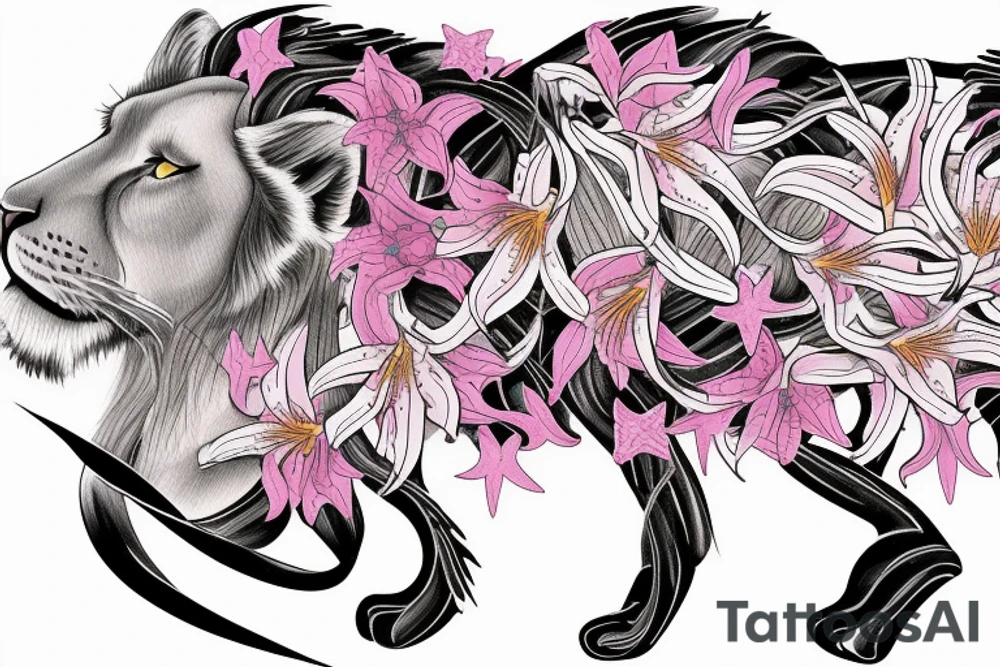 feminine lioness with girl and boy cubs having pink stargazers lilies wrapped around them, add 5/04/1993 date and spinal cord awareness ribbon tattoo idea