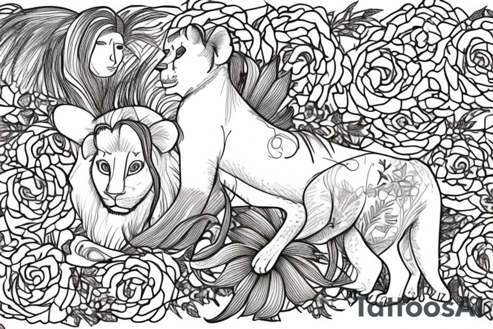 feminine lioness with girl and boy cubs having pink stargazers lilies wrapped around them, add 5/04/1993 date and spinal cord awareness ribbon tattoo idea