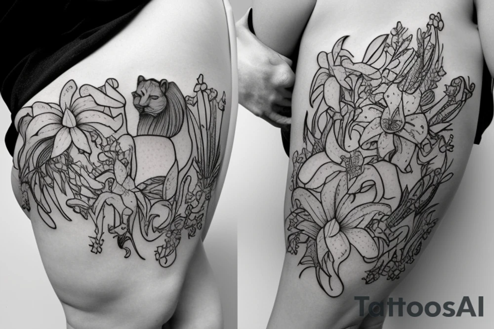 feminine lioness with girl and boy cubs having pink stargazers lilies wrapped around them, add 5/04/1993 date and spinal cord awareness ribbon tattoo idea