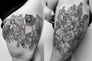 feminine lioness with girl and boy cubs having pink stargazers lilies wrapped around them, add 5/04/1993 date and spinal cord awareness ribbon tattoo idea