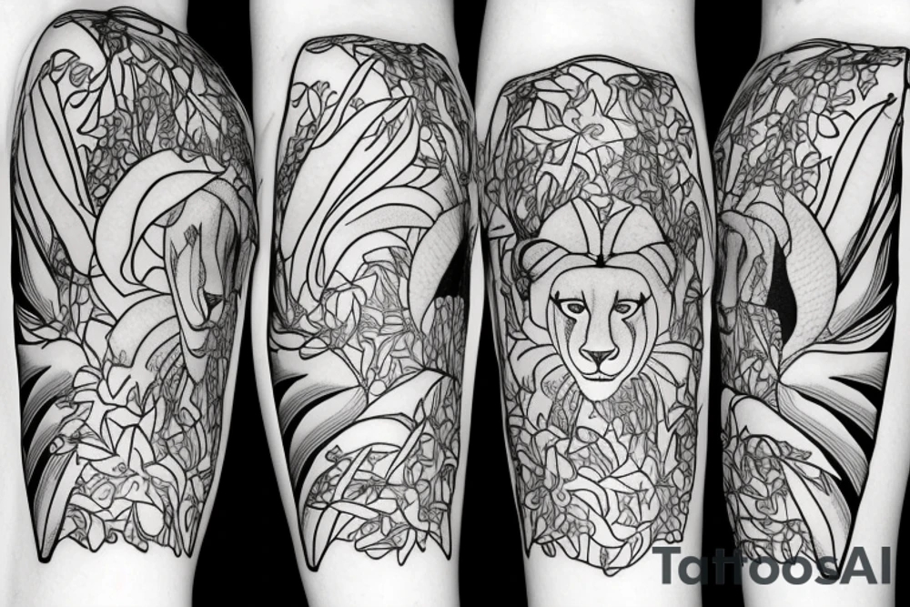 feminine lioness with girl and boy cubs having pink stargazers lilies wrapped around them, add 5/04/1993 date and spinal cord awareness ribbon tattoo idea