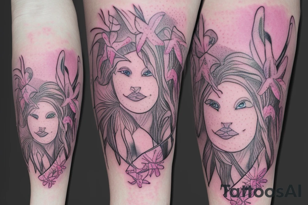 feminine lioness with girl and boy cubs having pink stargazers lilies wrapped around them, add 5/04/1993 date and spinal cord awareness ribbon tattoo idea