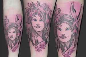 feminine lioness with girl and boy cubs having pink stargazers lilies wrapped around them, add 5/04/1993 date and spinal cord awareness ribbon tattoo idea