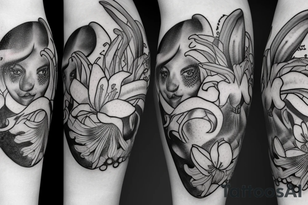 feminine lioness with girl and boy cubs having pink stargazers lilies wrapped around them, add 5/04/1993 date and spinal cord awareness ribbon tattoo idea