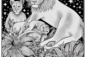 feminine lioness with girl and boy cubs having pink stargazers lilies wrapped around them, add 5/04/1993 date and spinal cord awareness ribbon tattoo idea