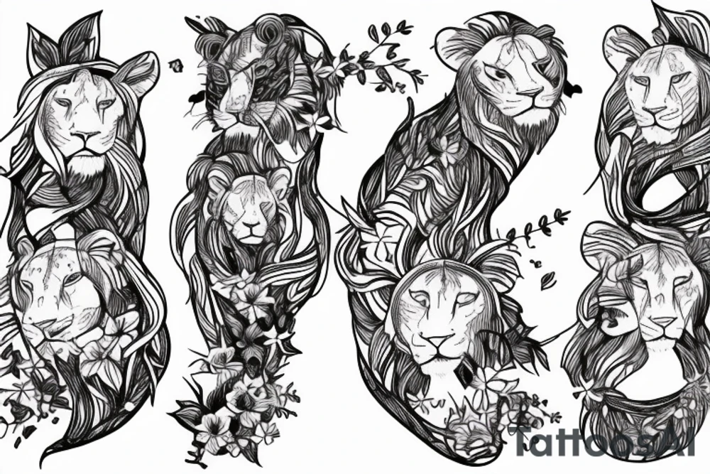 feminine lioness with girl and boy cubs having pink stargazers lilies wrapped around them, add 5/04/1993 date and spinal cord awareness ribbon tattoo idea
