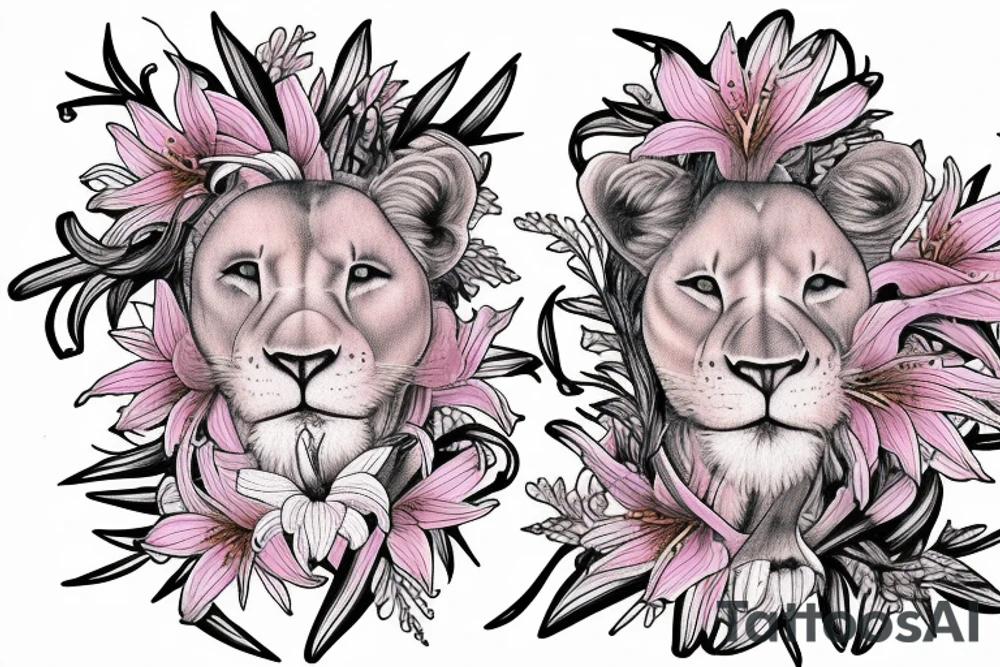 feminine lioness with girl and boy cubs having pink stargazers lilies wrapped around them, add 5/04/1993 date and spinal cord awareness ribbon tattoo idea