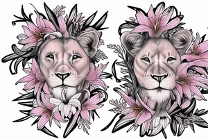 feminine lioness with girl and boy cubs having pink stargazers lilies wrapped around them, add 5/04/1993 date and spinal cord awareness ribbon tattoo idea