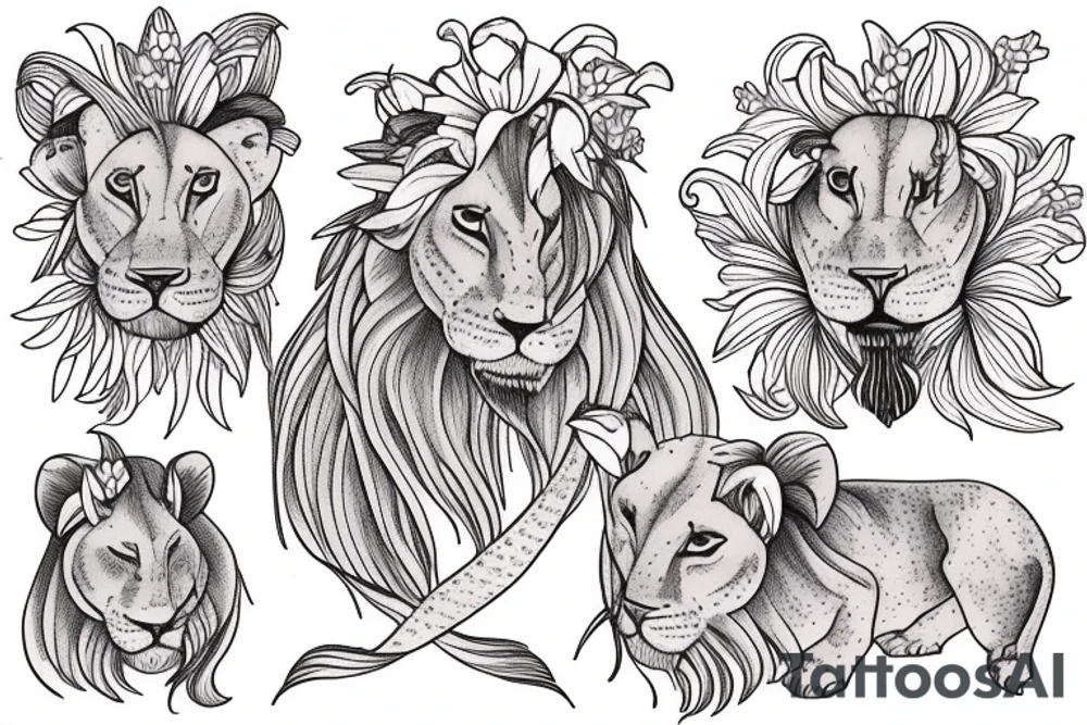 feminine lioness with girl and boy cubs having pink stargazers lilies wrapped around them, add 5/04/1993 date and spinal cord awareness ribbon tattoo idea