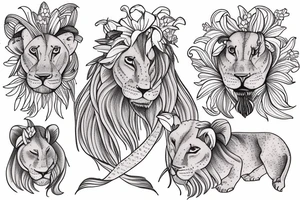 feminine lioness with girl and boy cubs having pink stargazers lilies wrapped around them, add 5/04/1993 date and spinal cord awareness ribbon tattoo idea