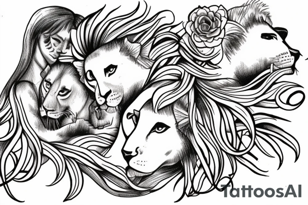 feminine lioness with girl and boy cubs having pink stargazers lilies wrapped around them, add 5/04/1993 date and spinal cord awareness ribbon tattoo idea