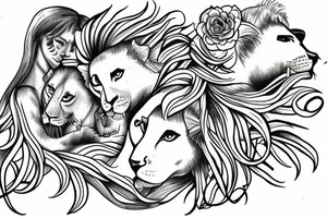 feminine lioness with girl and boy cubs having pink stargazers lilies wrapped around them, add 5/04/1993 date and spinal cord awareness ribbon tattoo idea