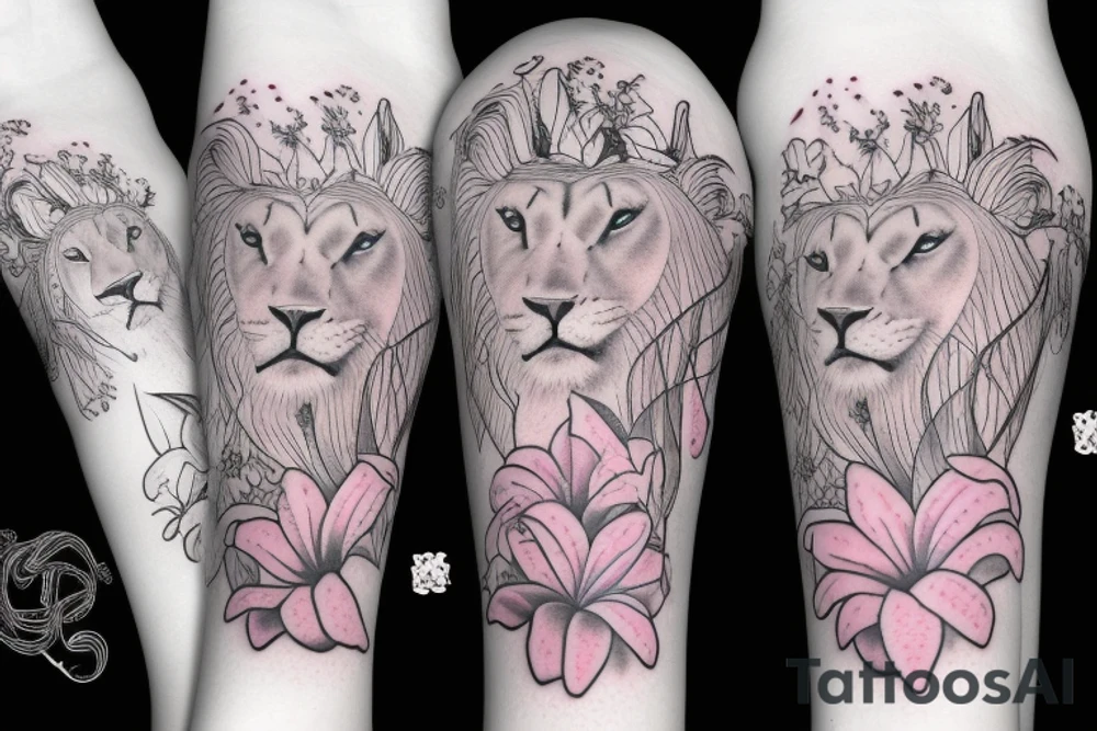 feminine lioness with girl and boy cubs having pink stargazers lilies wrapped around them, add 5/04/1993 date and spinal cord awareness ribbon tattoo idea