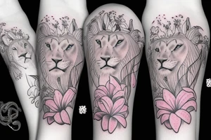 feminine lioness with girl and boy cubs having pink stargazers lilies wrapped around them, add 5/04/1993 date and spinal cord awareness ribbon tattoo idea