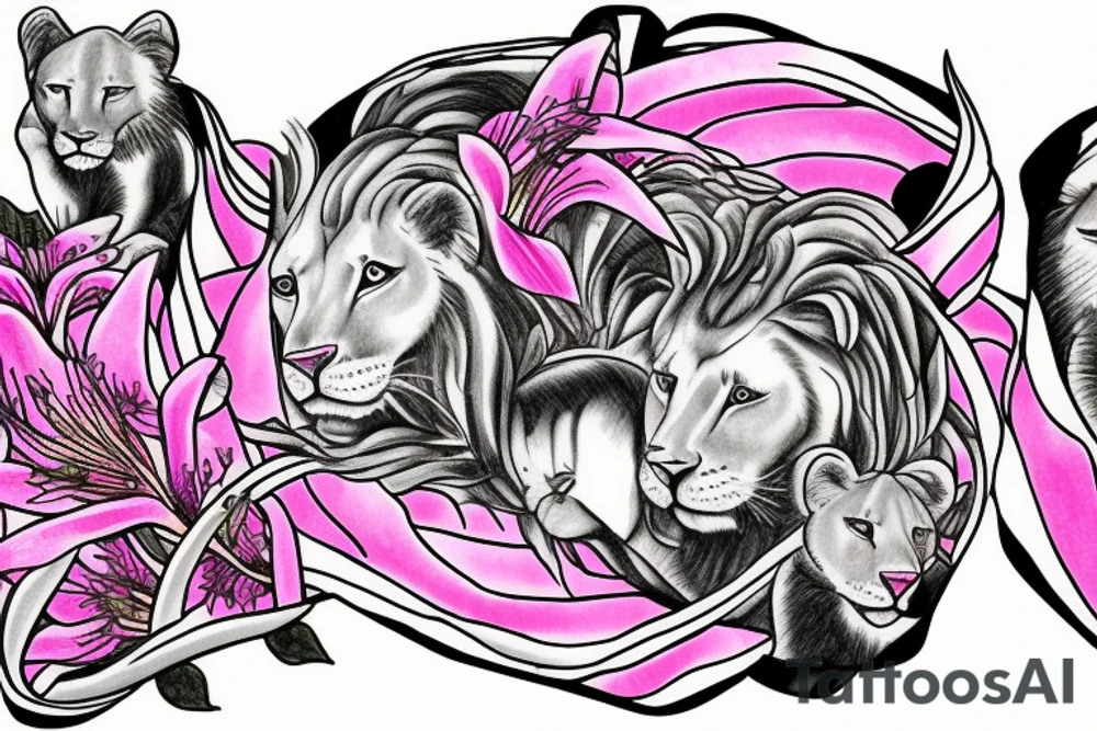 feminine lioness with girl and boy cubs having pink stargazers lilies wrapped around them, add 5/04/1993 date and spinal cord awareness ribbon tattoo idea