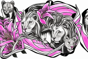 feminine lioness with girl and boy cubs having pink stargazers lilies wrapped around them, add 5/04/1993 date and spinal cord awareness ribbon tattoo idea