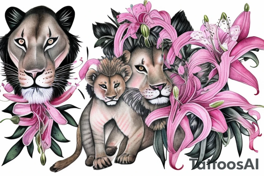 feminine lioness with girl and boy cubs having pink stargazers lilies wrapped around them, add 5/04/1993 date and spinal cord awareness ribbon tattoo idea