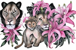 feminine lioness with girl and boy cubs having pink stargazers lilies wrapped around them, add 5/04/1993 date and spinal cord awareness ribbon tattoo idea