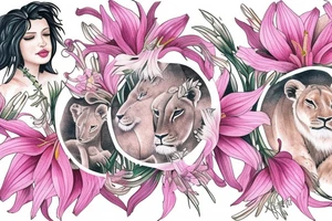 feminine lioness with girl and boy cubs having pink stargazers lilies wrapped around them, add 5/04/1993 date and spinal cord awareness ribbon tattoo idea