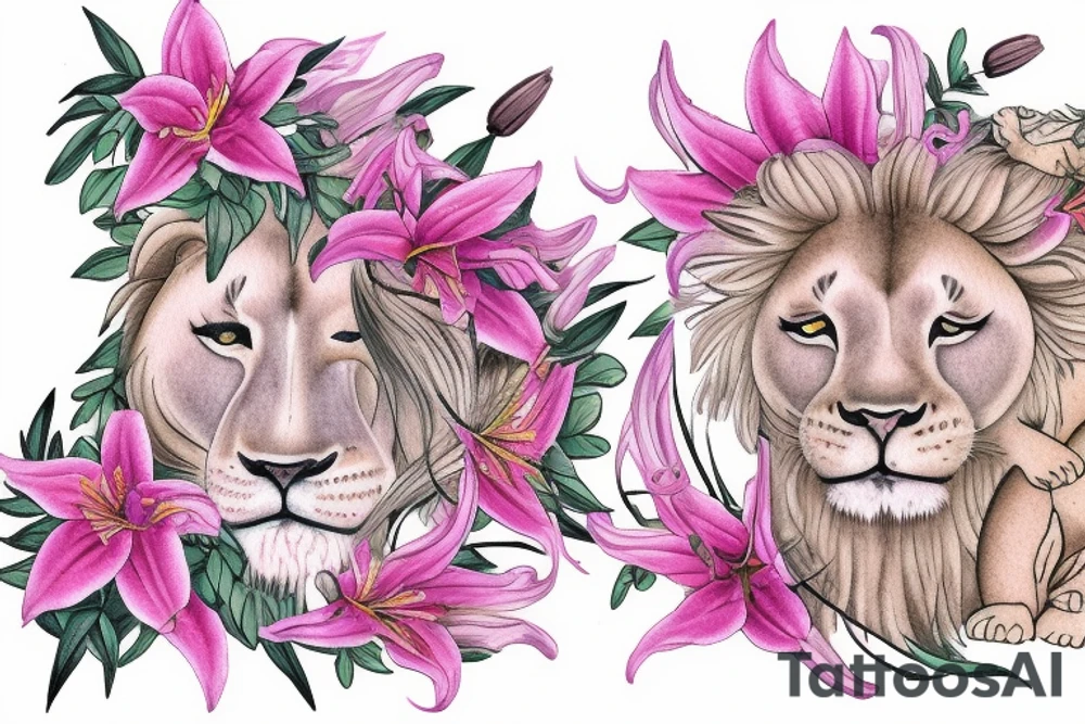 feminine lioness with girl and boy cubs having pink stargazers lilies wrapped around them, add 5/04/1993 date and spinal cord awareness ribbon tattoo idea