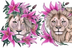 feminine lioness with girl and boy cubs having pink stargazers lilies wrapped around them, add 5/04/1993 date and spinal cord awareness ribbon tattoo idea