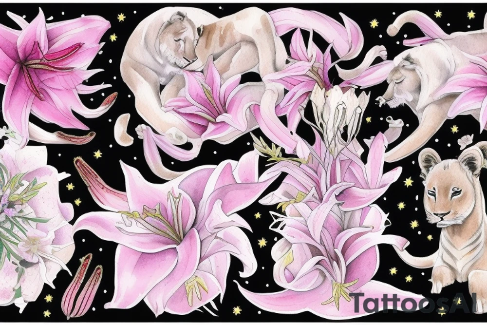 feminine lioness with girl and boy cubs having pink stargazers lilies wrapped around them, add 5/04/1993 date and spinal cord awareness ribbon tattoo idea